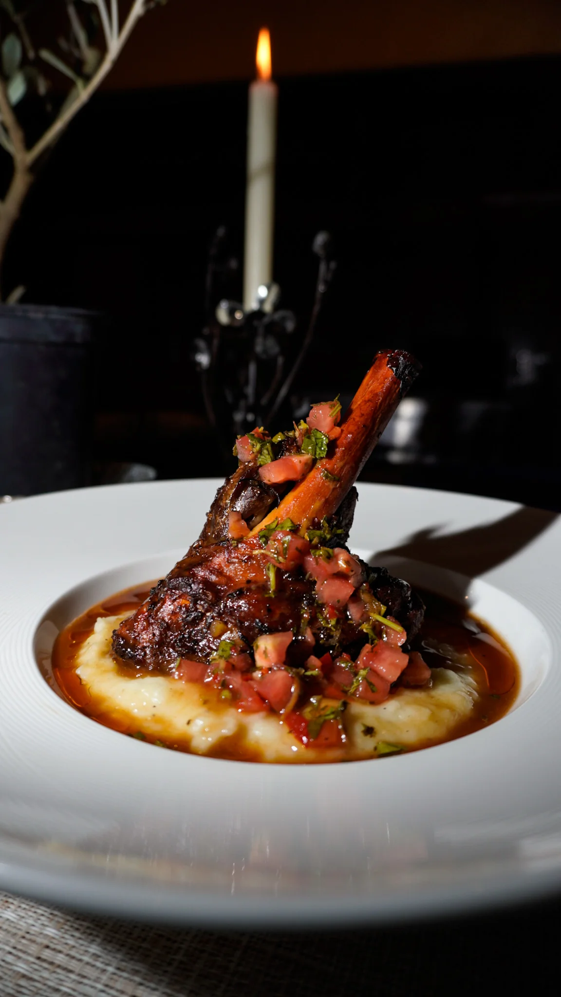 Slow Braised Lamb Shank - Silky potatoes, lamb jus, gremolata, pickled peppers
